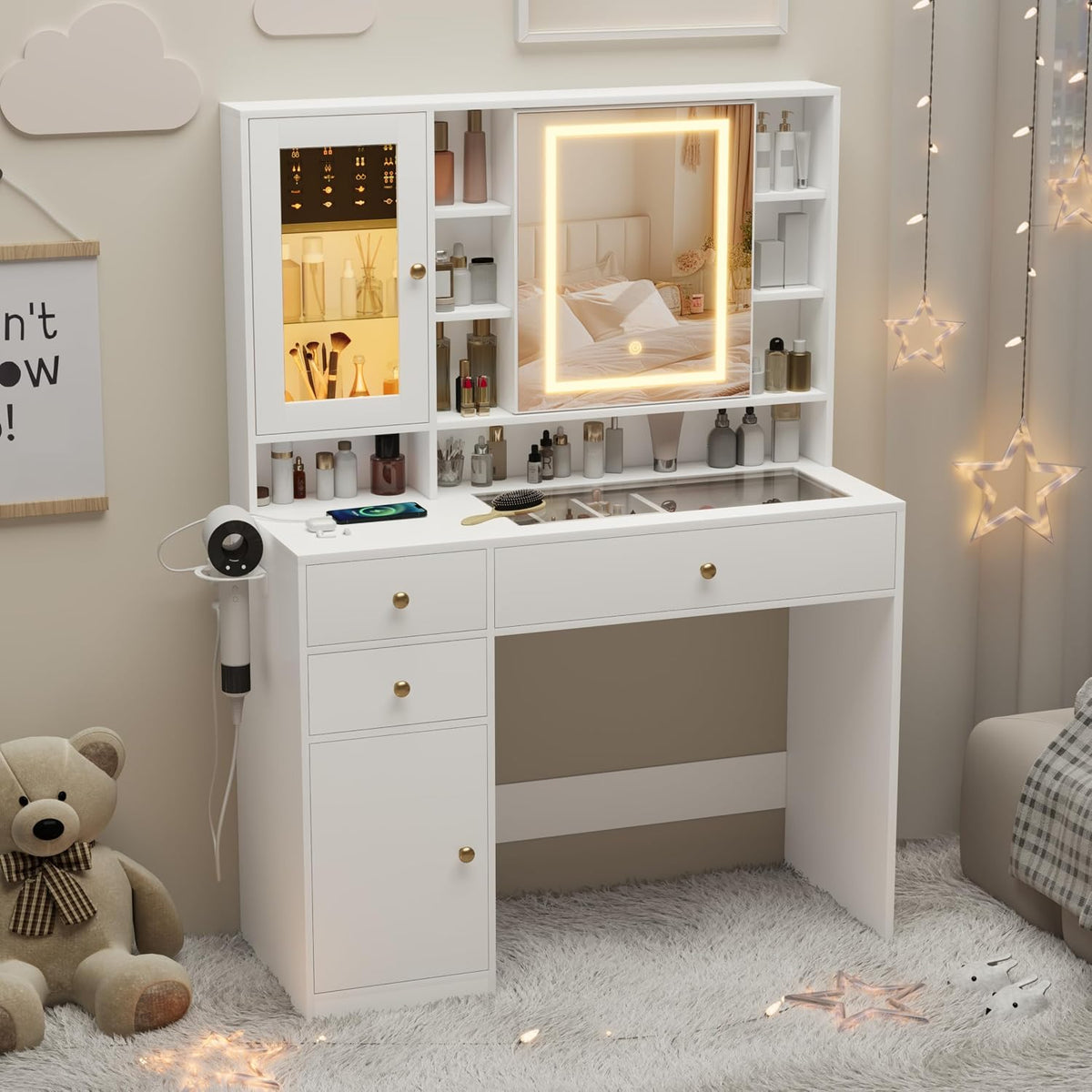 White Vanity Desk with Glass‑Top & LED Mirror