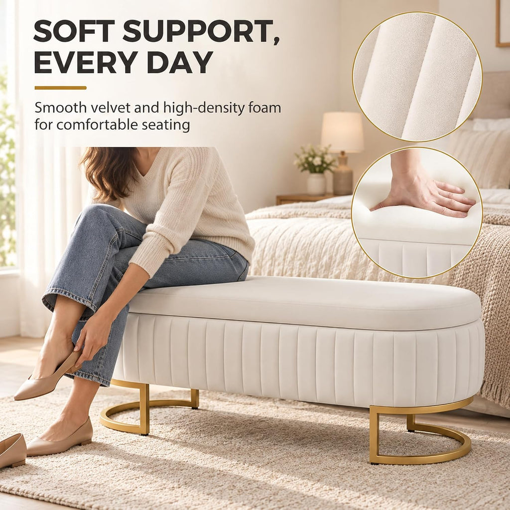 46‑Inch Oval Velvet Storage Bench for Bedroom