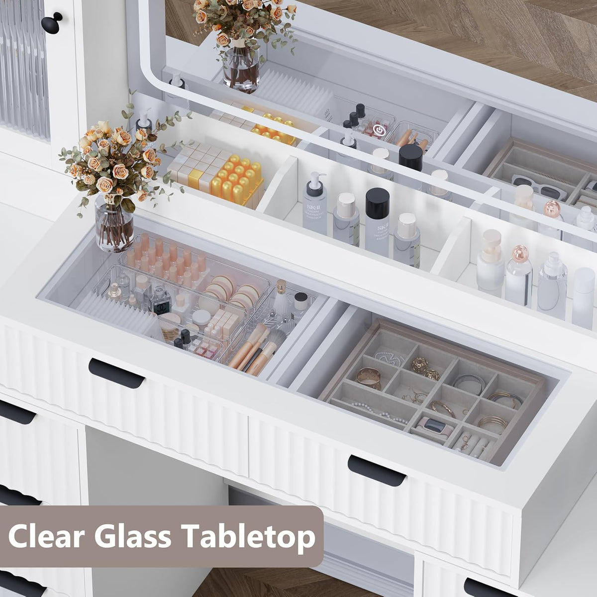 55" Fluted Glass‑Top Vanity Desk with RGB Mirror Lights