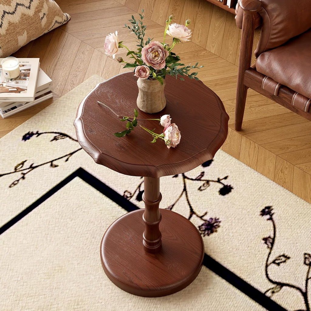 Walnut Solid Wood Vintage Pedestal Round Side Table