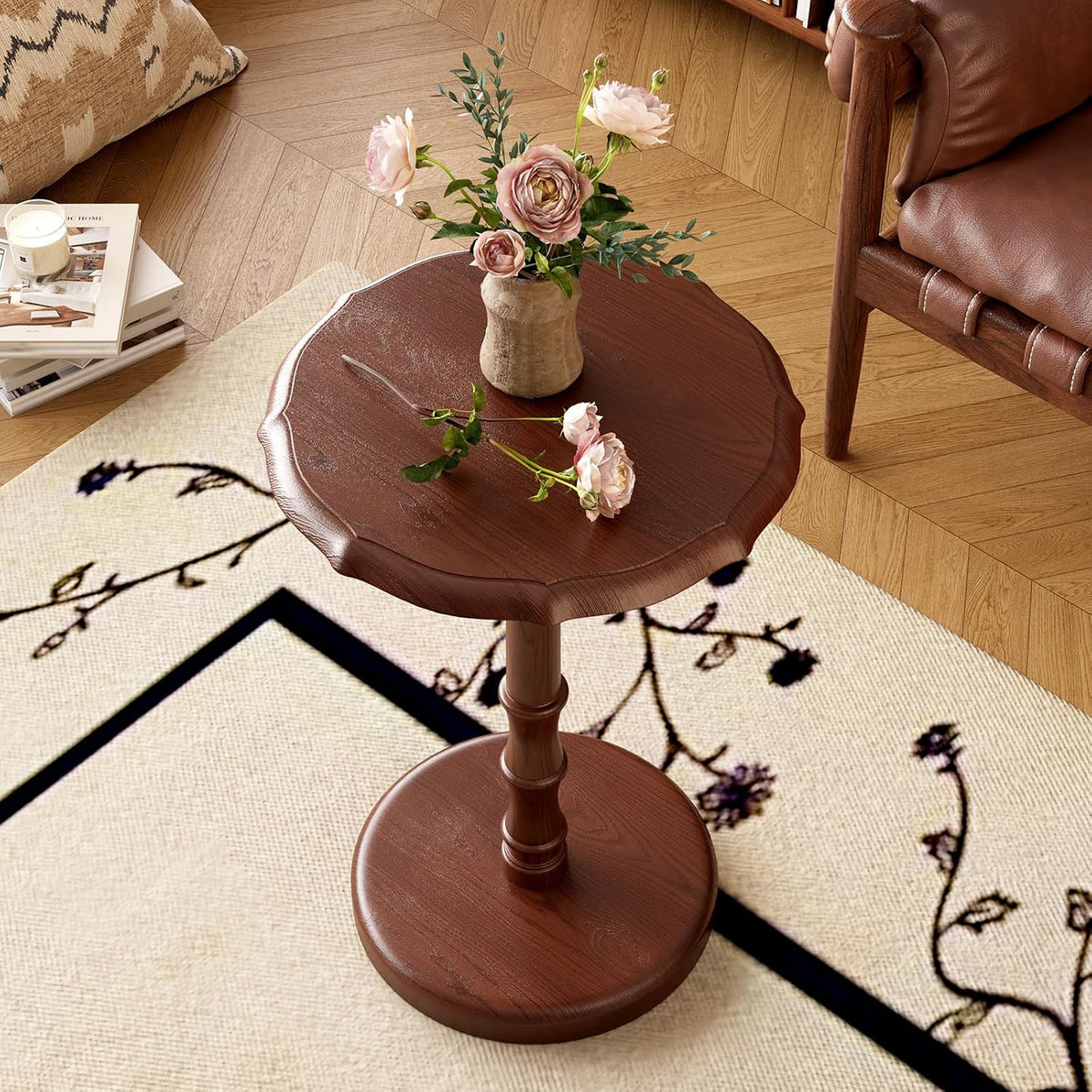 Walnut Solid Wood Vintage Pedestal Round Side Table
