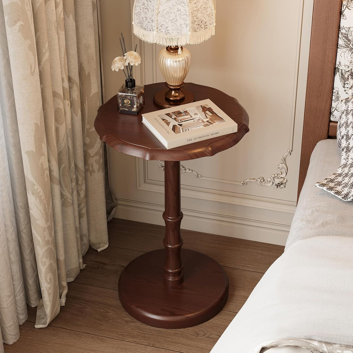 Walnut Solid Wood Vintage Pedestal Round Side Table