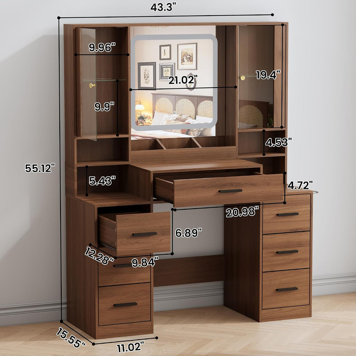 Vanity Desk with LED Mirror & 7 Drawers
