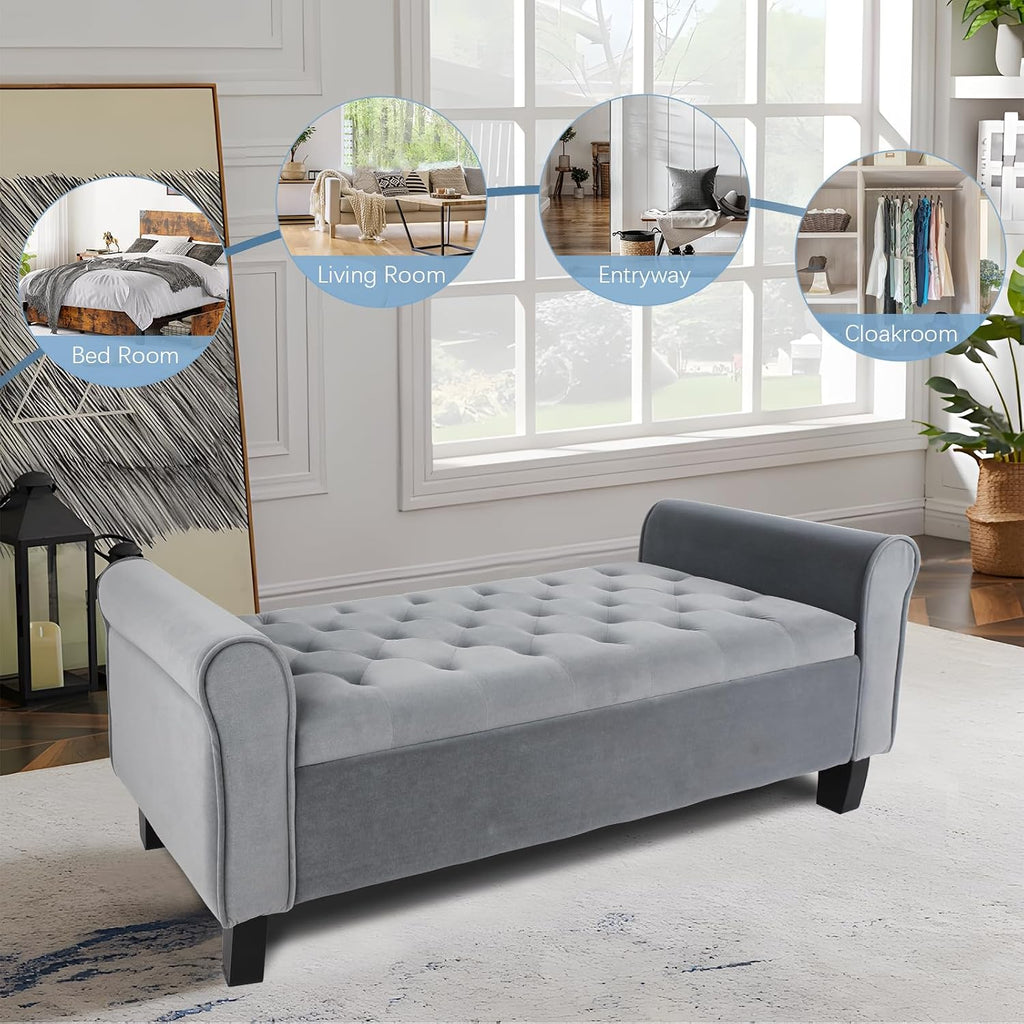Dark Grey Velvet Tufted Storage Bench with Arms
