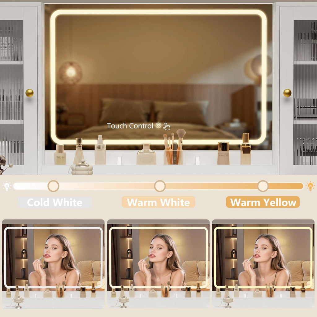 55" Fluted Glass‑Top Vanity Desk with RGB Mirror Lights