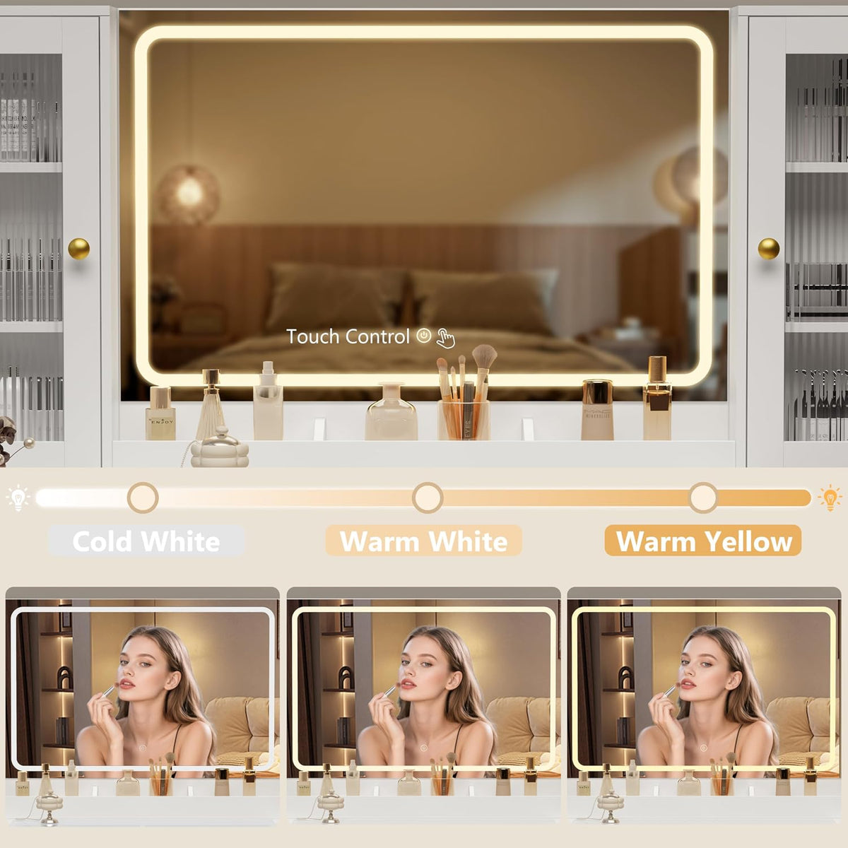 55" Fluted Glass‑Top Vanity Desk with RGB Mirror Lights