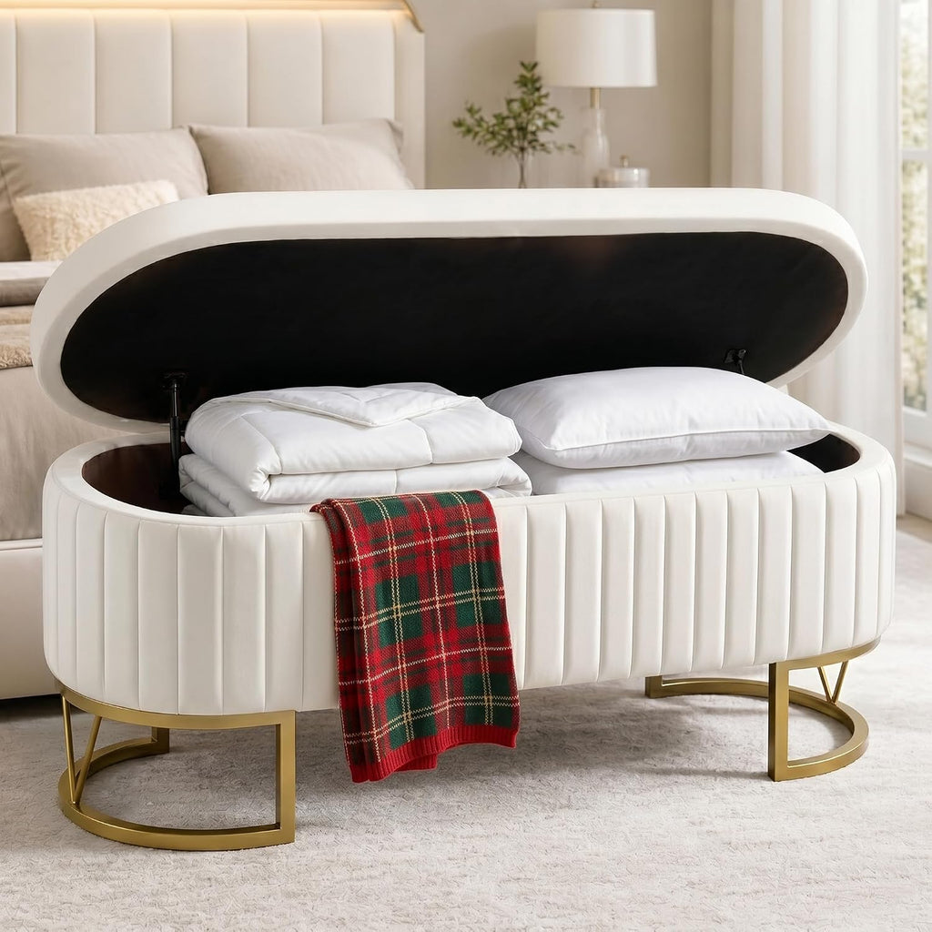 46‑Inch Oval Velvet Storage Bench for Bedroom