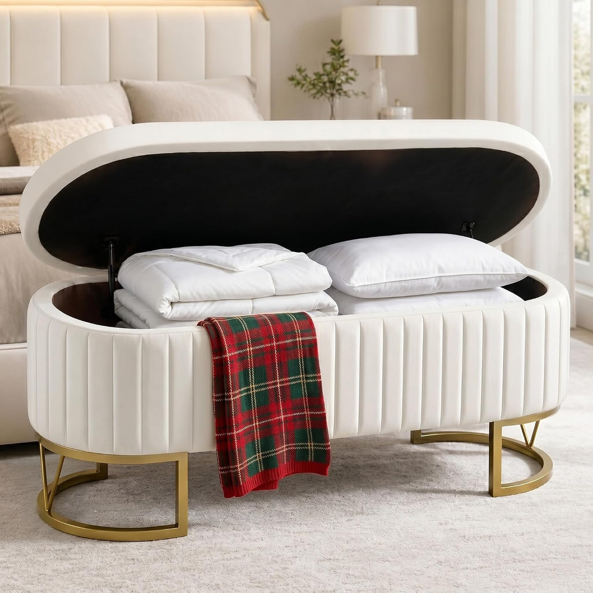 46‑Inch Oval Velvet Storage Bench for Bedroom