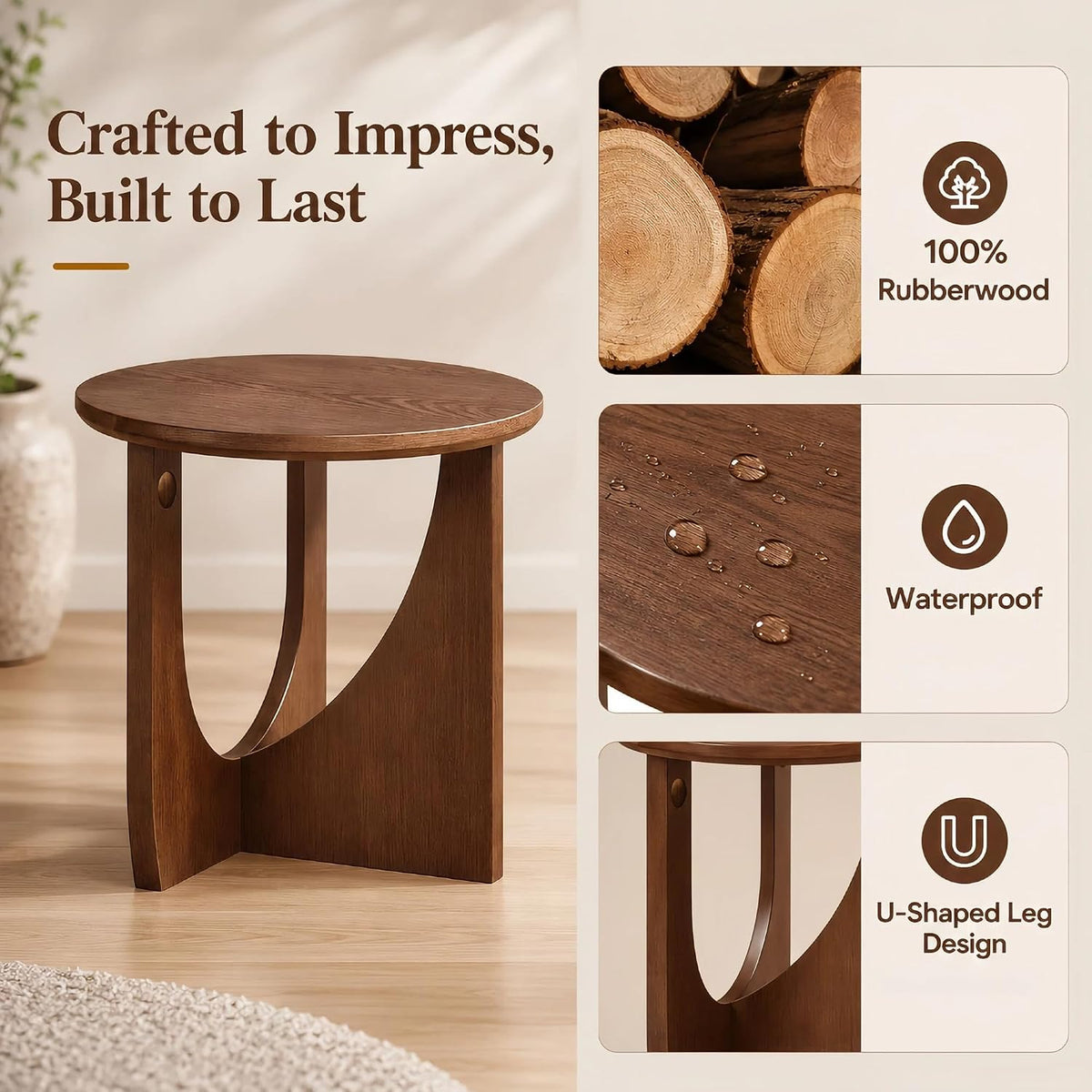 Walnut Round Side Table with Sculptural Curved Base