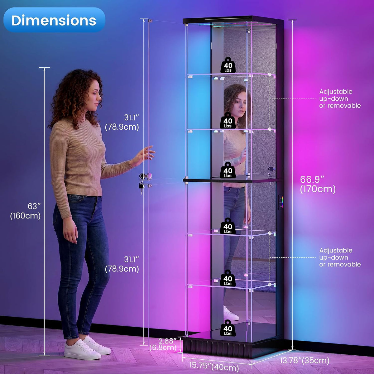 Black 6‑Tier Glass Display Cabinet with RGB Lights
