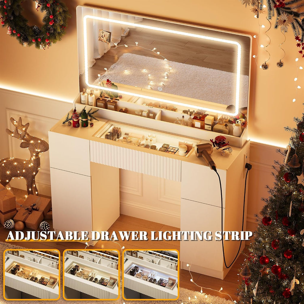 Pure White 44" Glass‑Top Vanity Desk with LED Mirror