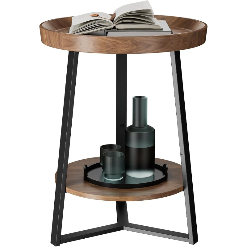 2‑Tier Farmhouse Side Table, Wood Top Metal Frame