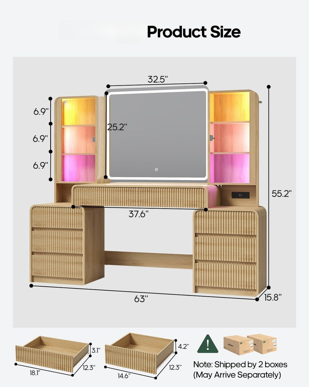 Big Fluted Vanity Desk with Mirror Lights