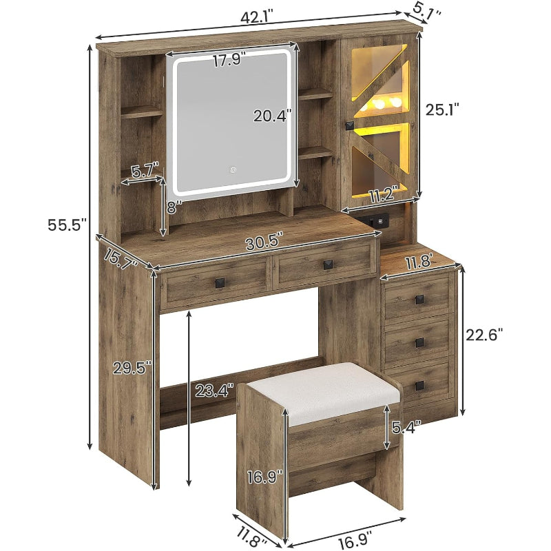 Brown Farmhouse Vanity Desk with LED Mirror