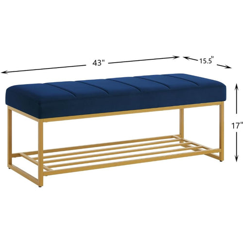 24KF Navy Velvet Tufted Bench with Gold Metal Shelf